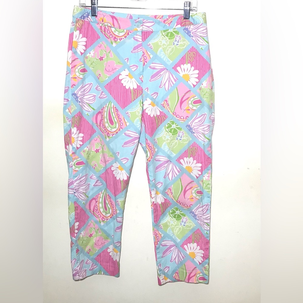 10 Vintage Lilly Pulitzer Adios Elephant Patch pants ankle cropped blue